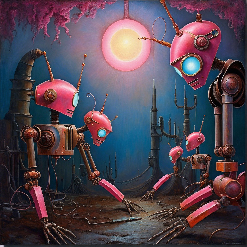 Whimsical Robots in a Futuristic Surreal Landscape