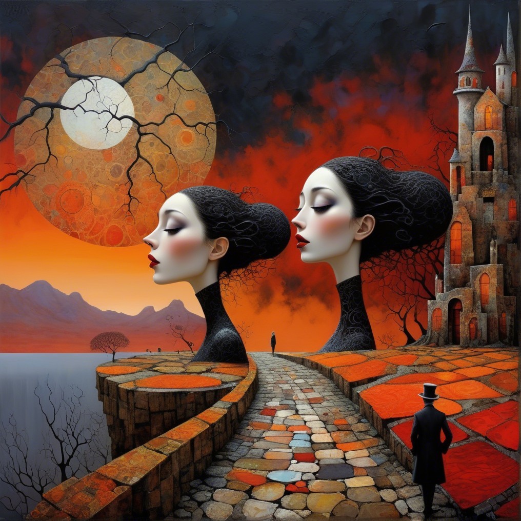 Surreal Landscape with Elongated Heads and Sunset