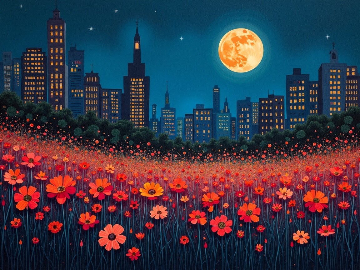 Vibrant Field of Flowers Under a Full Moon and City Skyline