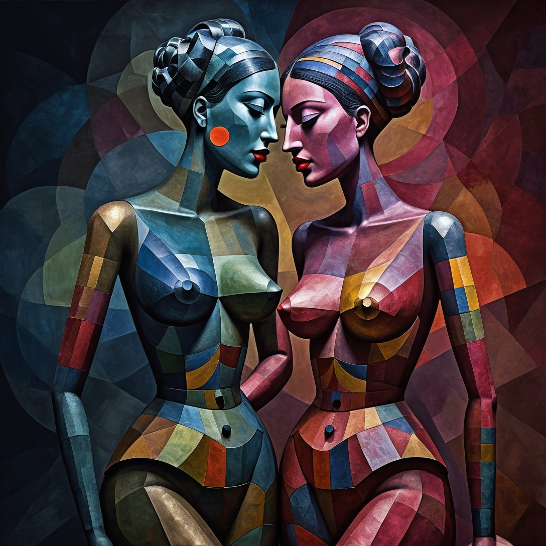 Cubist Mannequins in Geometric Patterns on Dark Background