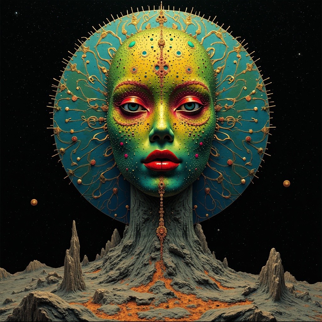 Surreal Face in Textured Landscape with Cosmic Backdrop
