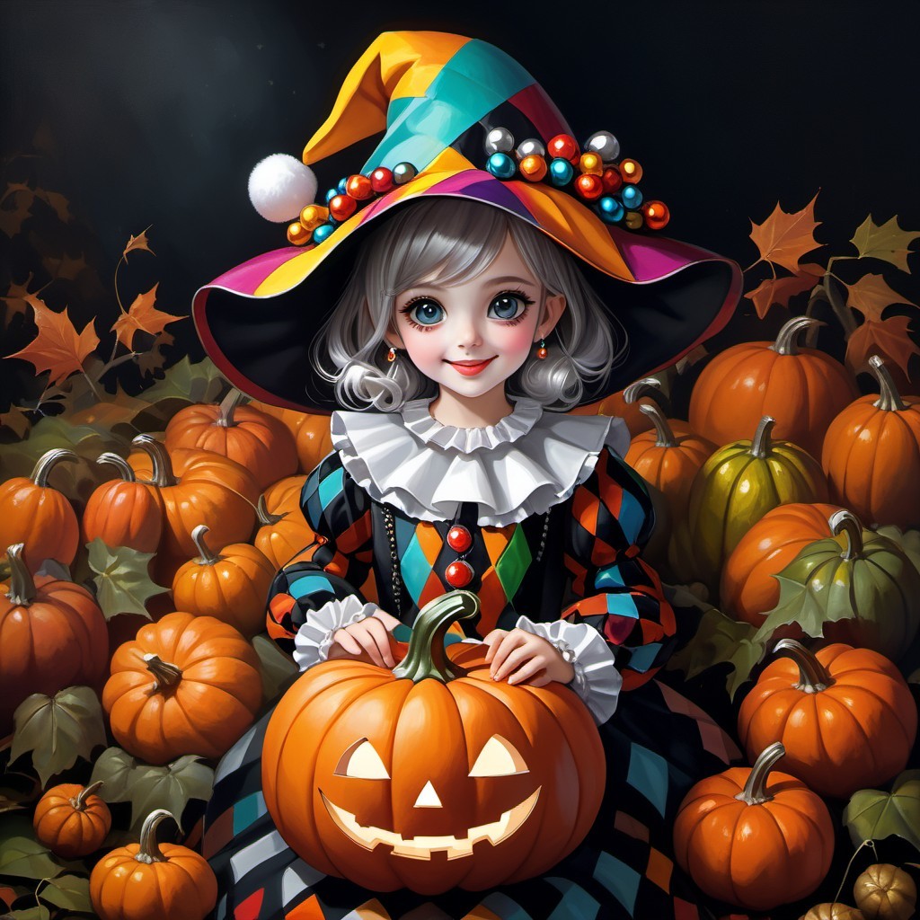 Cheerful girl in jester costume among pumpkins