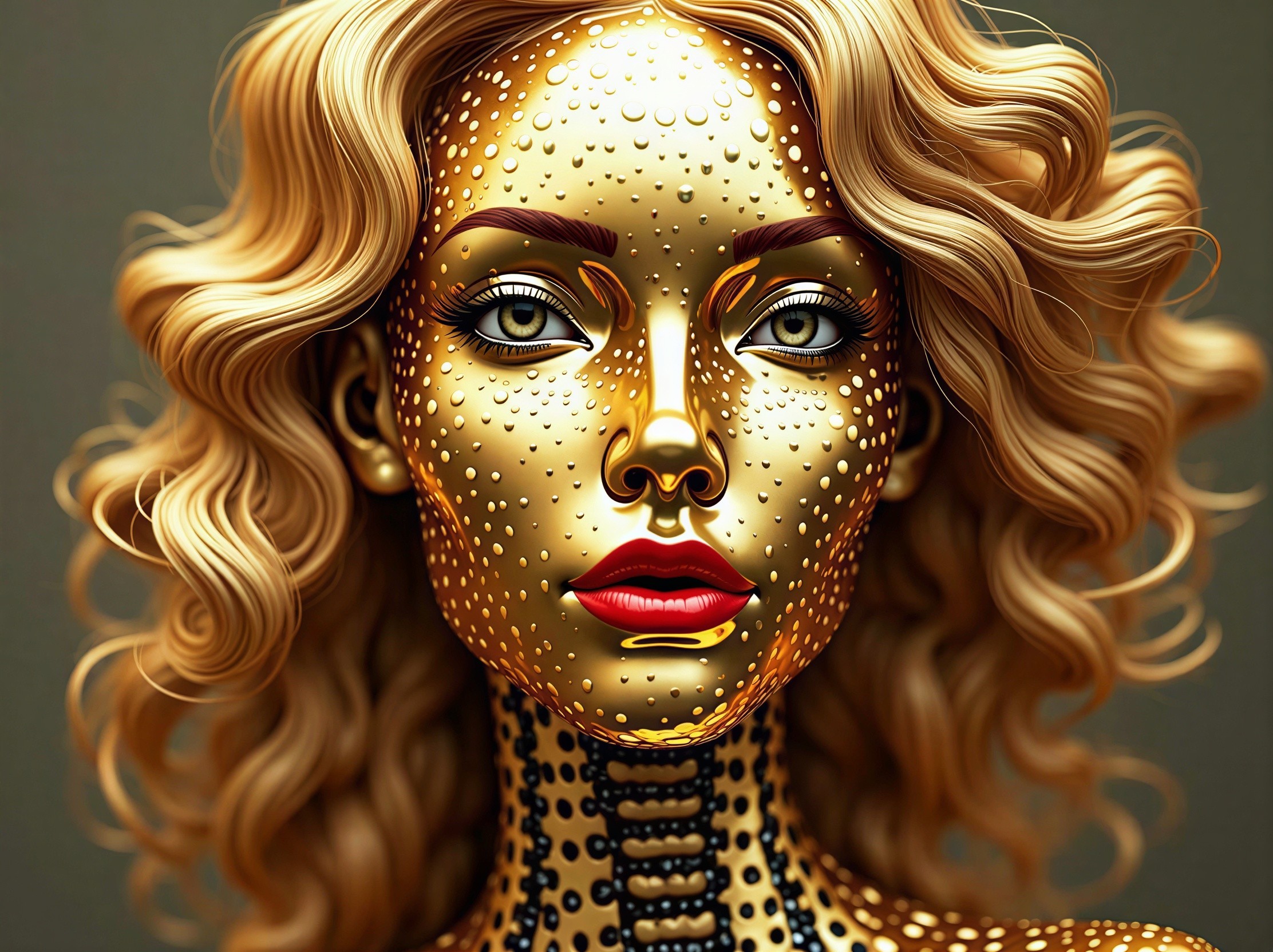 Glamorous Woman with Reflective Gold Skin and Green Eyes
