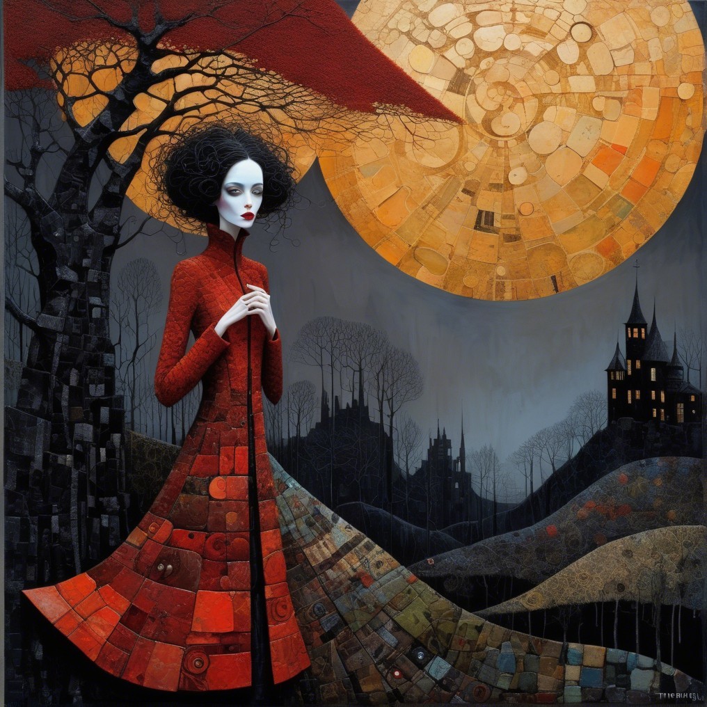 Mysterious Figure in Red Coat in Surreal Landscape