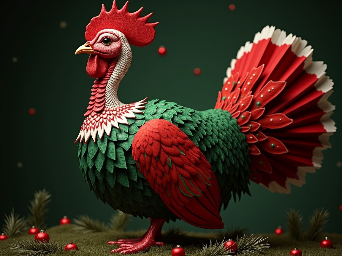 Whimsical Rooster with Festive Red Ornaments and Pine