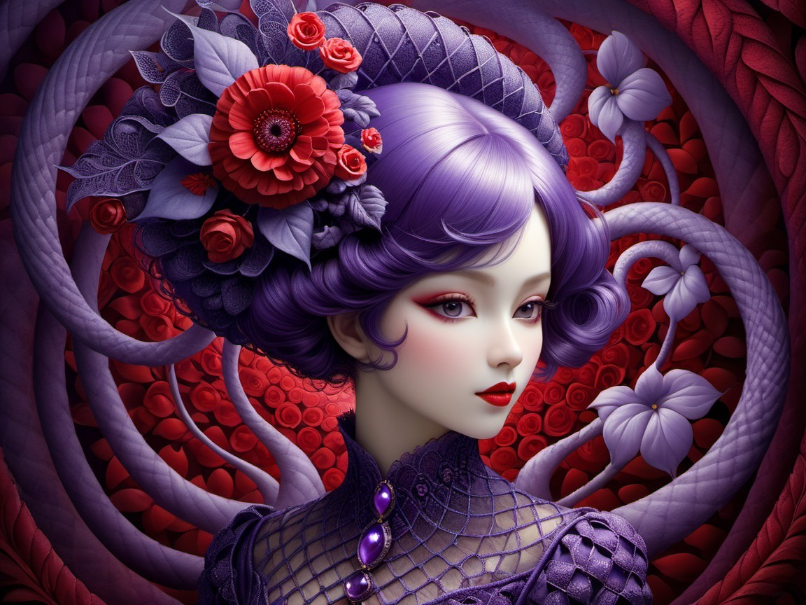 Stylized portrait of a woman with purple hair and roses