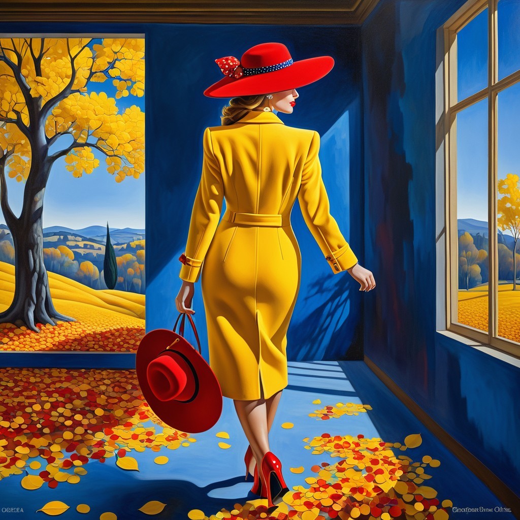 Woman in Yellow Coat and Red Hat in Autumn Room
