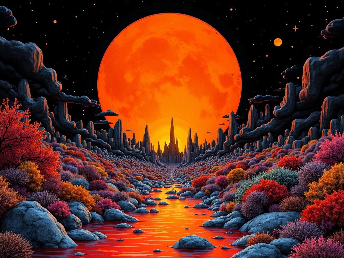 Vibrant Landscape with Glowing Moon Over Canyon