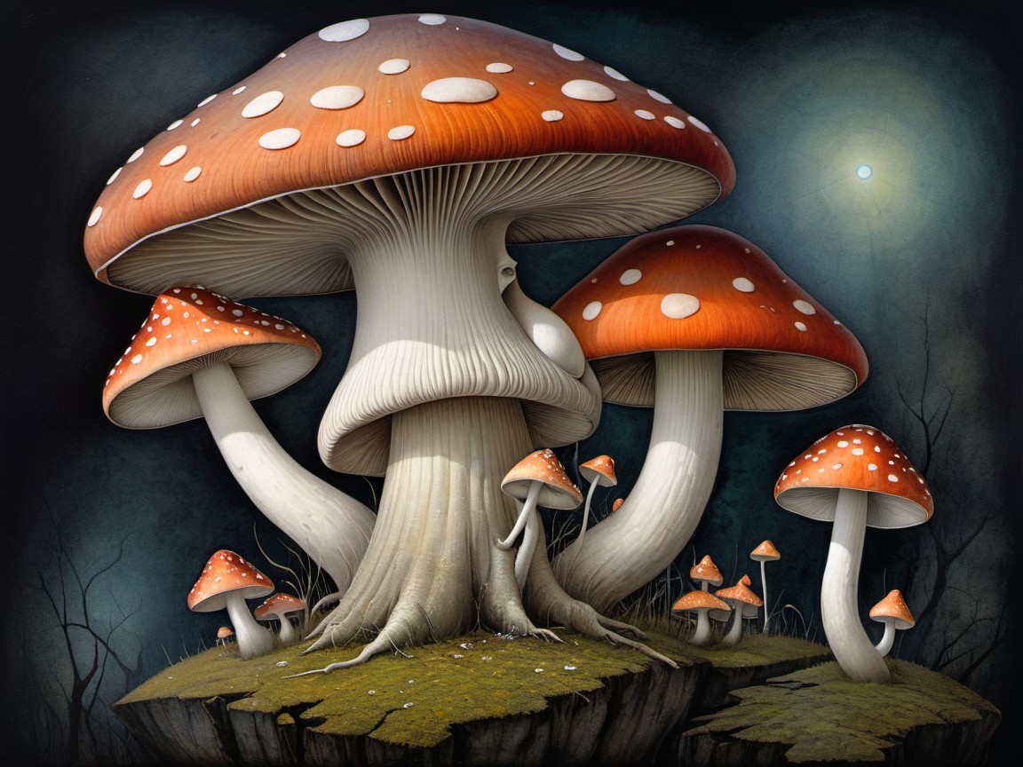Vibrant Mushrooms in a Dark Mystical Landscape