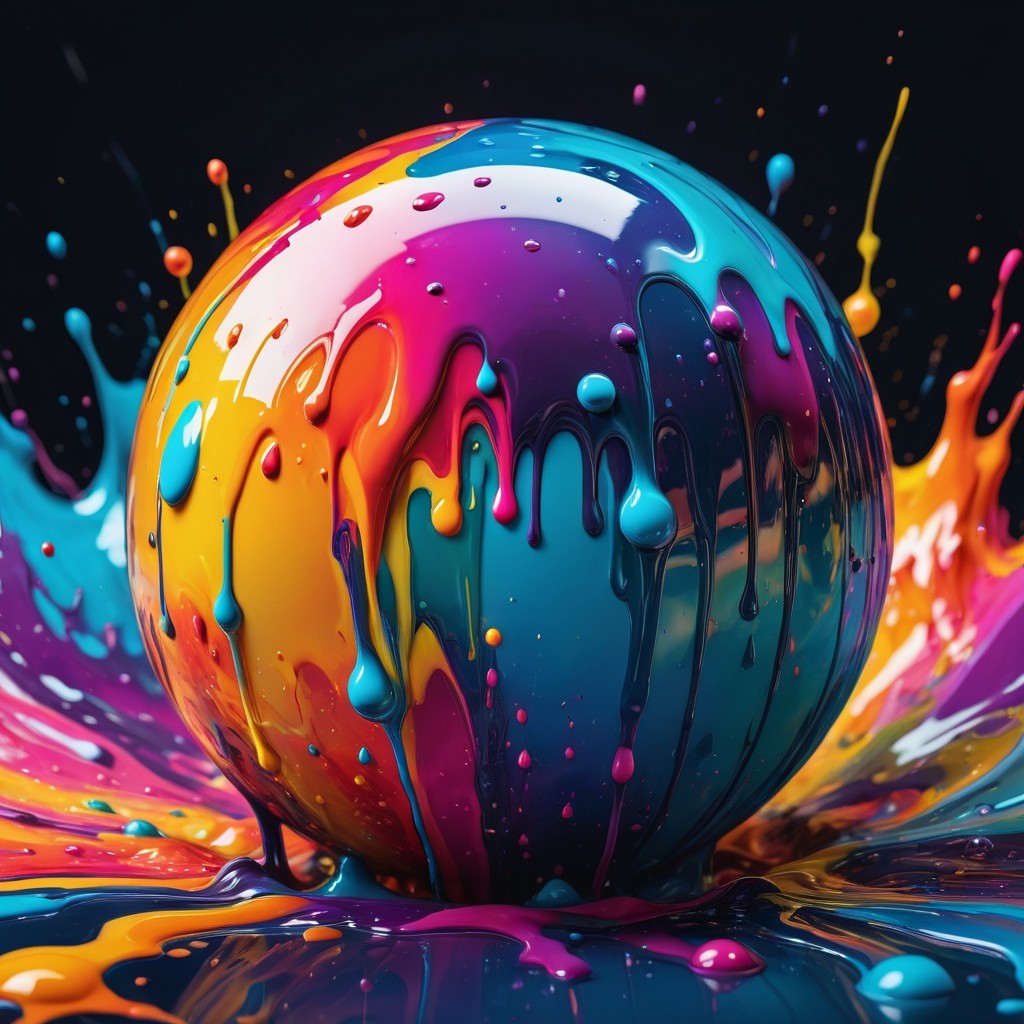 Glossy Sphere Surrounded by Colorful Paint Splashes
