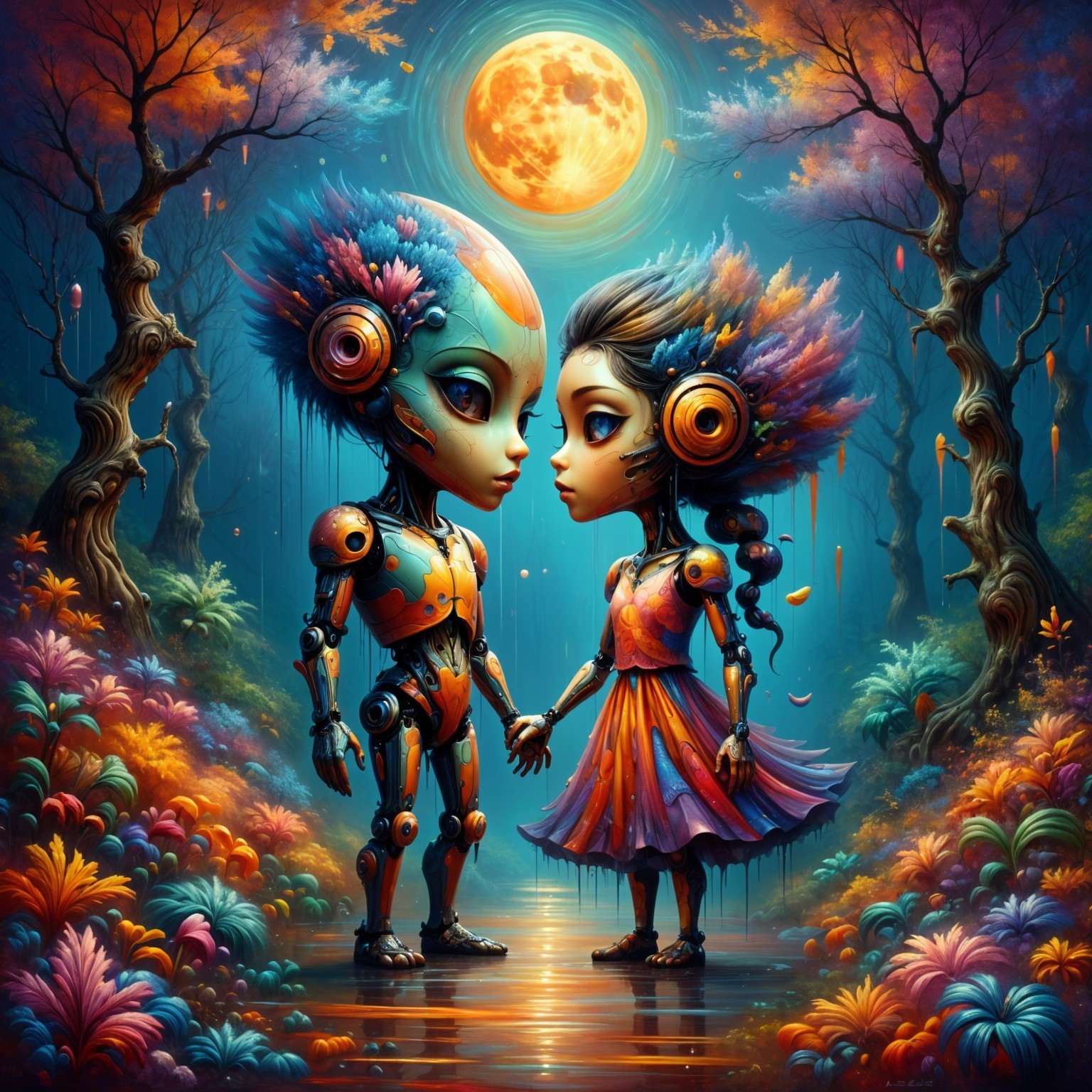 Humanoid Robots in an Enchanted Forest Under Moonlight
