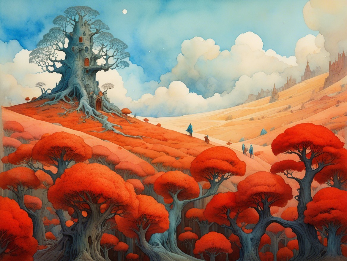 Whimsical Landscape with Ancient Tree and Castle Structure