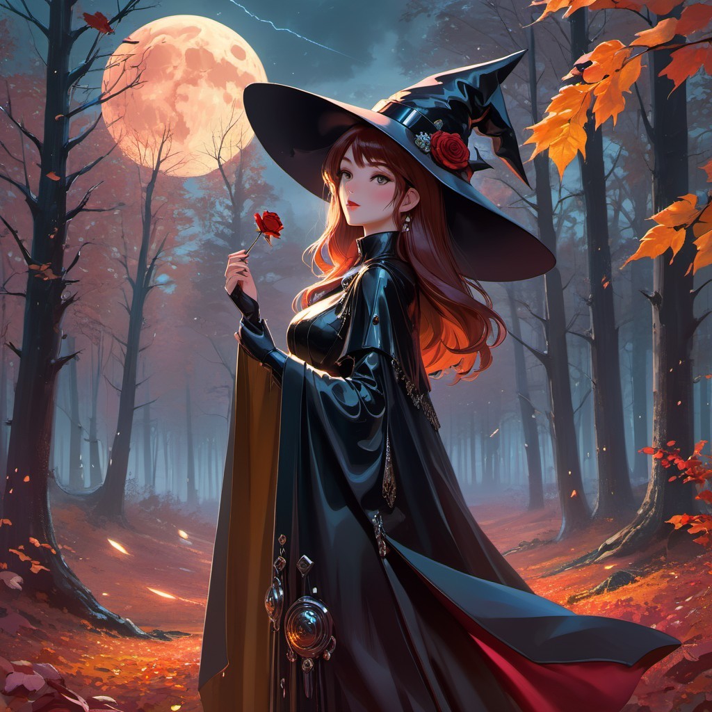 Young witch in a moonlit forest with autumn leaves
