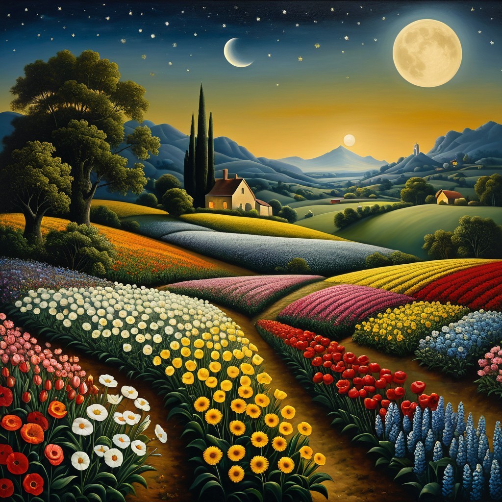 Picturesque Dusk Landscape with Vibrant Flower Fields