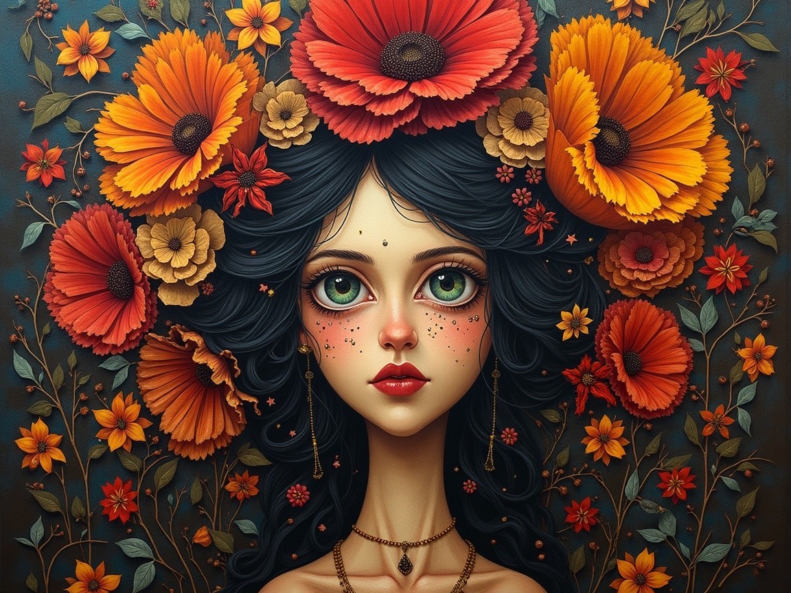 Stylized Portrait of a Woman with Floral Accents