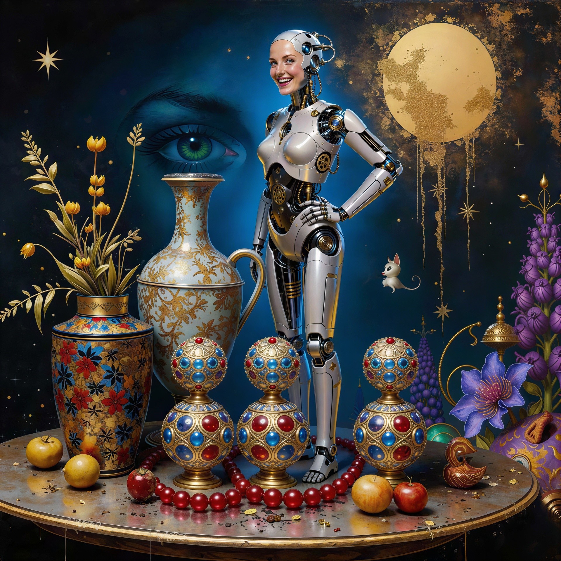 Detailed Painting of a Humanoid Robot with Vases