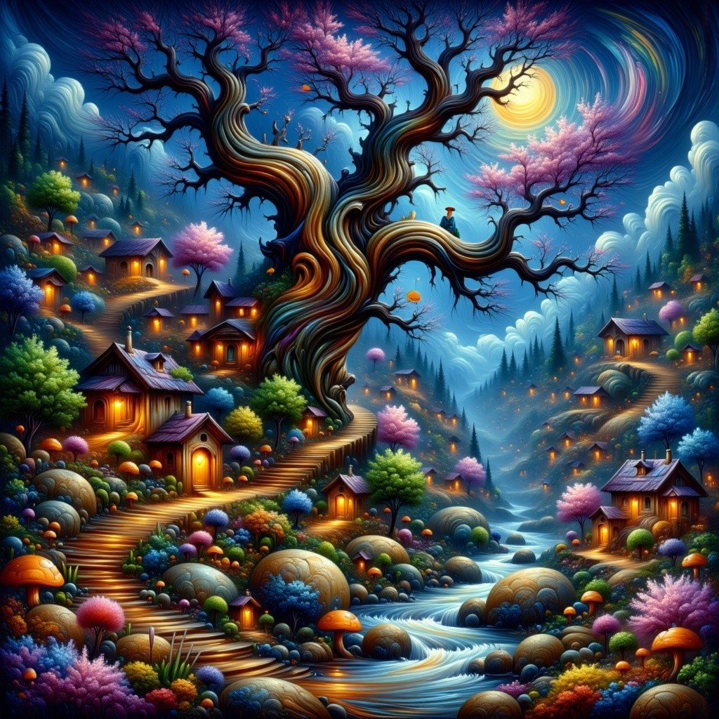 Whimsical Landscape with Majestic Tree and River