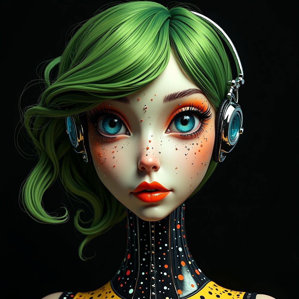 Stylized Character with Green Hair and Blue Eyes