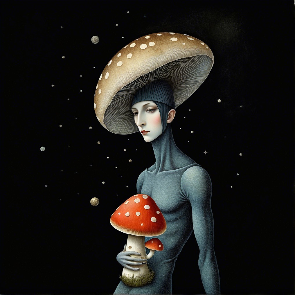 Surreal Figure with Mushroom Hat Against Starry Background