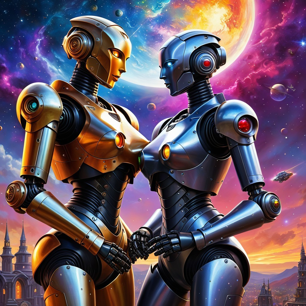 Futuristic Robots in Cosmic Landscape Holding Hands
