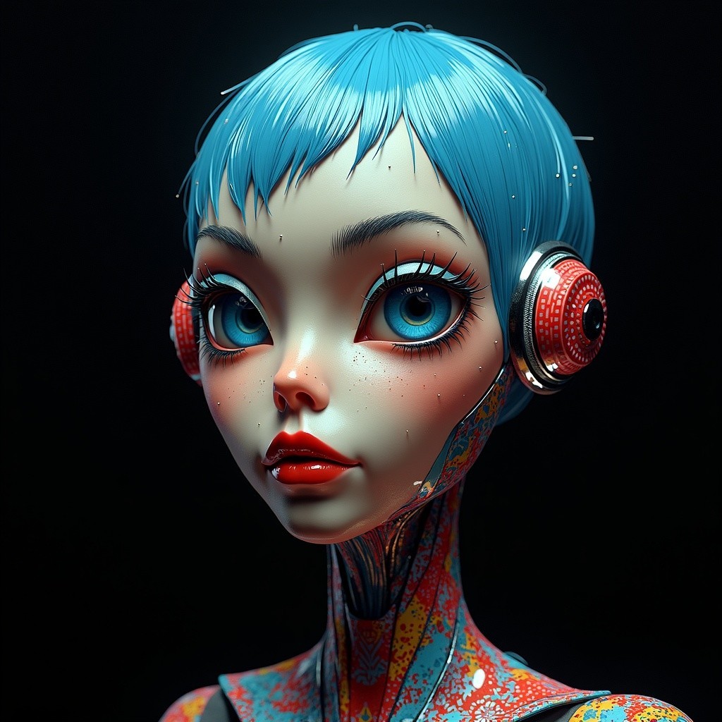 Stylized Character with Blue Hair and Futuristic Design
