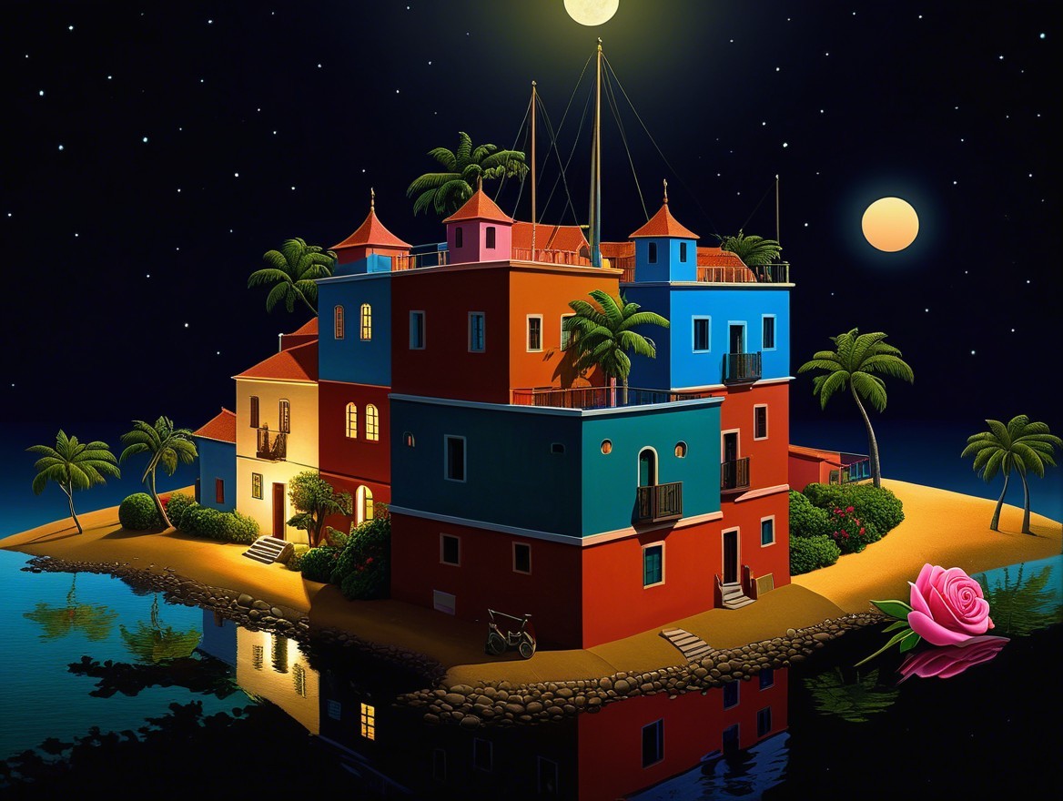 Whimsical Nighttime Island Scene with Colorful Building