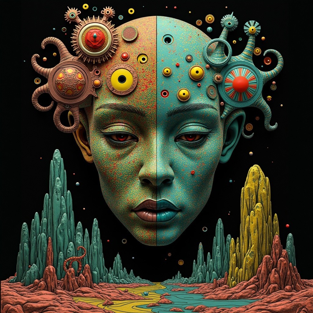 Surreal Humanoid Face with Colorful Mechanical Elements