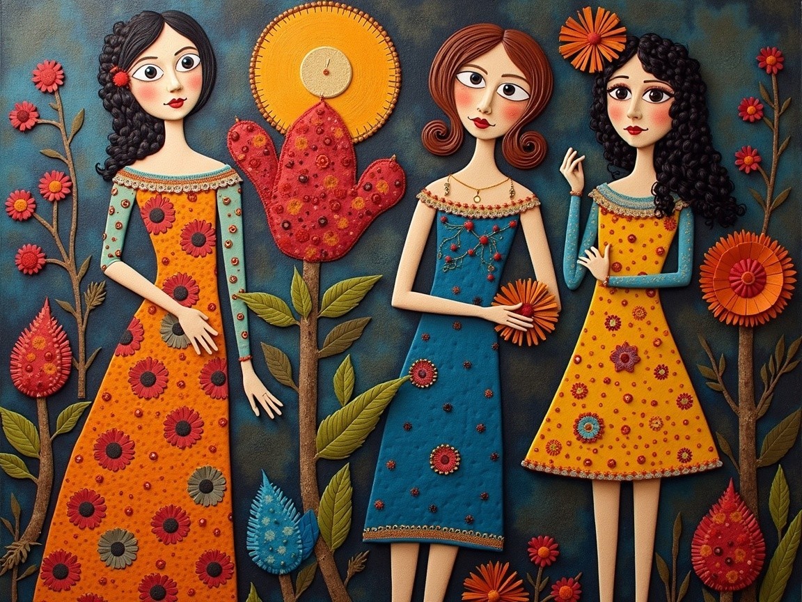 Whimsical Women in Colorful Floral Dresses Against Blue