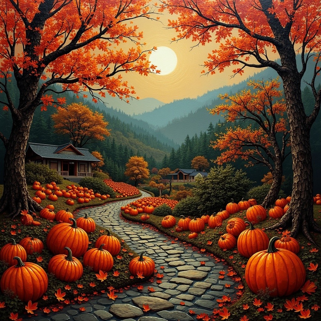 Autumn Landscape with Cobblestone Path and Pumpkins