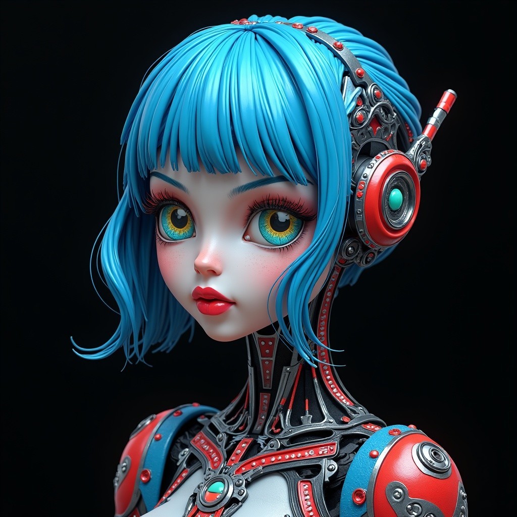Futuristic Doll with Blue Hair and Cybernetic Details