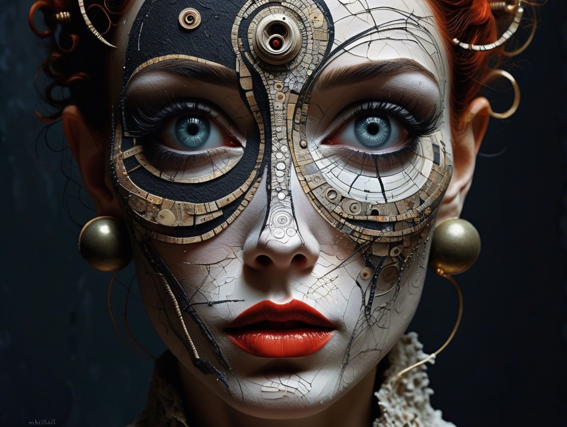 Futuristic figure with mechanical designs and blue eyes