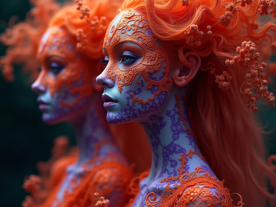 Figures with Orange Hair and Intricate Body Art
