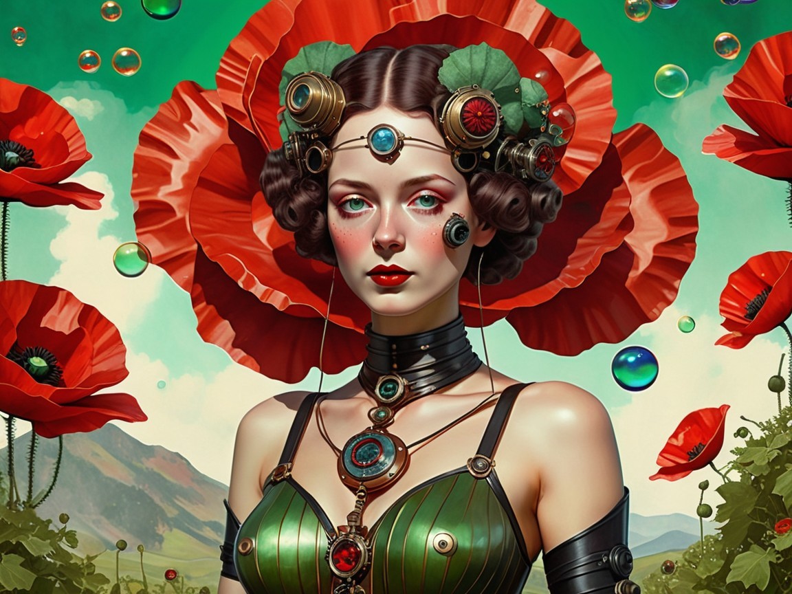 Figure in Unique Headpiece Among Red Poppies