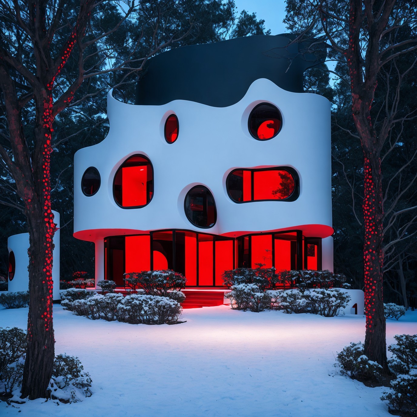 Futuristic White House with Wavy Roof and Red Lights