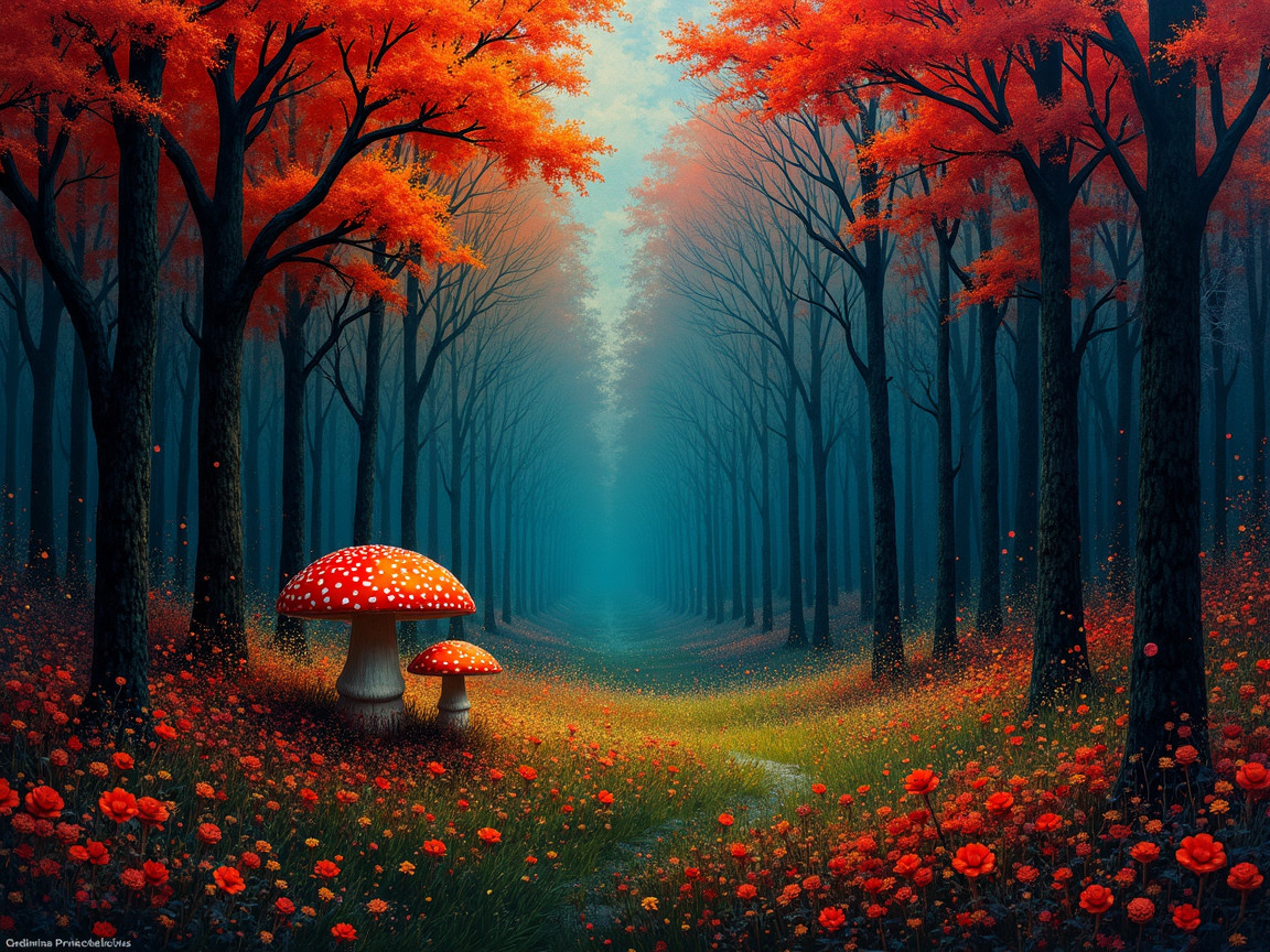 Autumn Forest Path with Colorful Foliage and Mushrooms