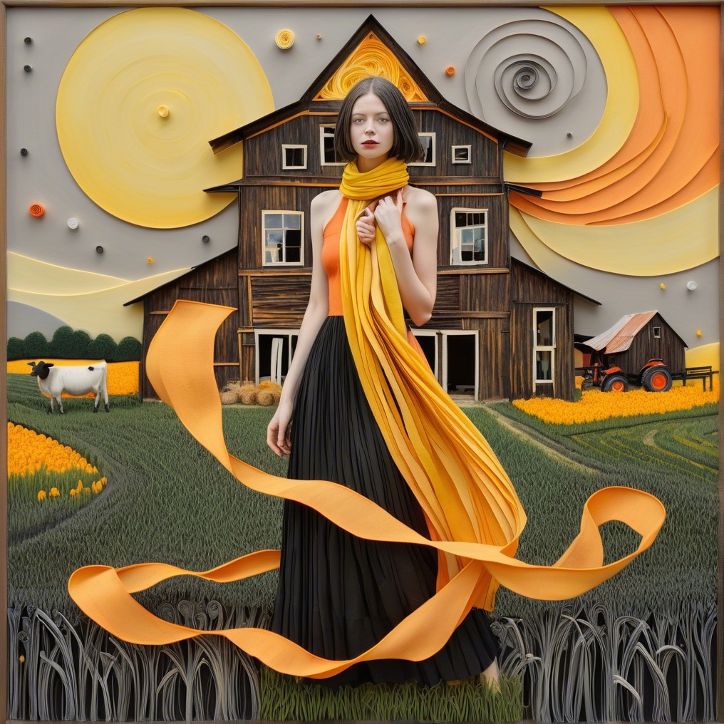 Young woman in vibrant attire near rustic barn