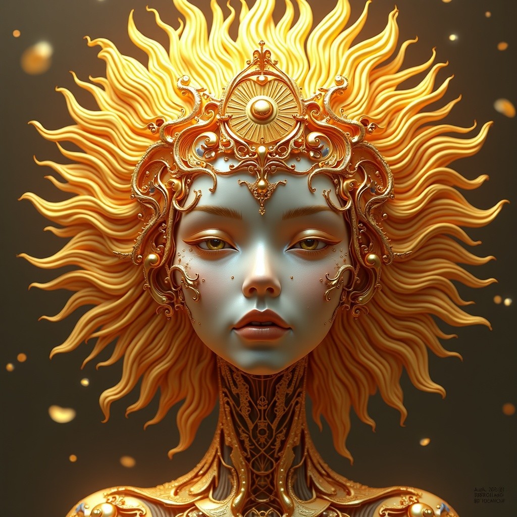 Fantastical figure with sun crown and blue skin