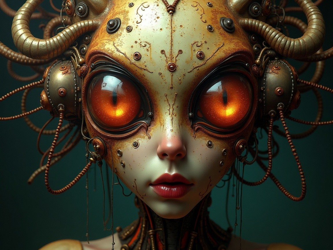 Humanoid Figure with Luminous Eyes and Mechanical Features