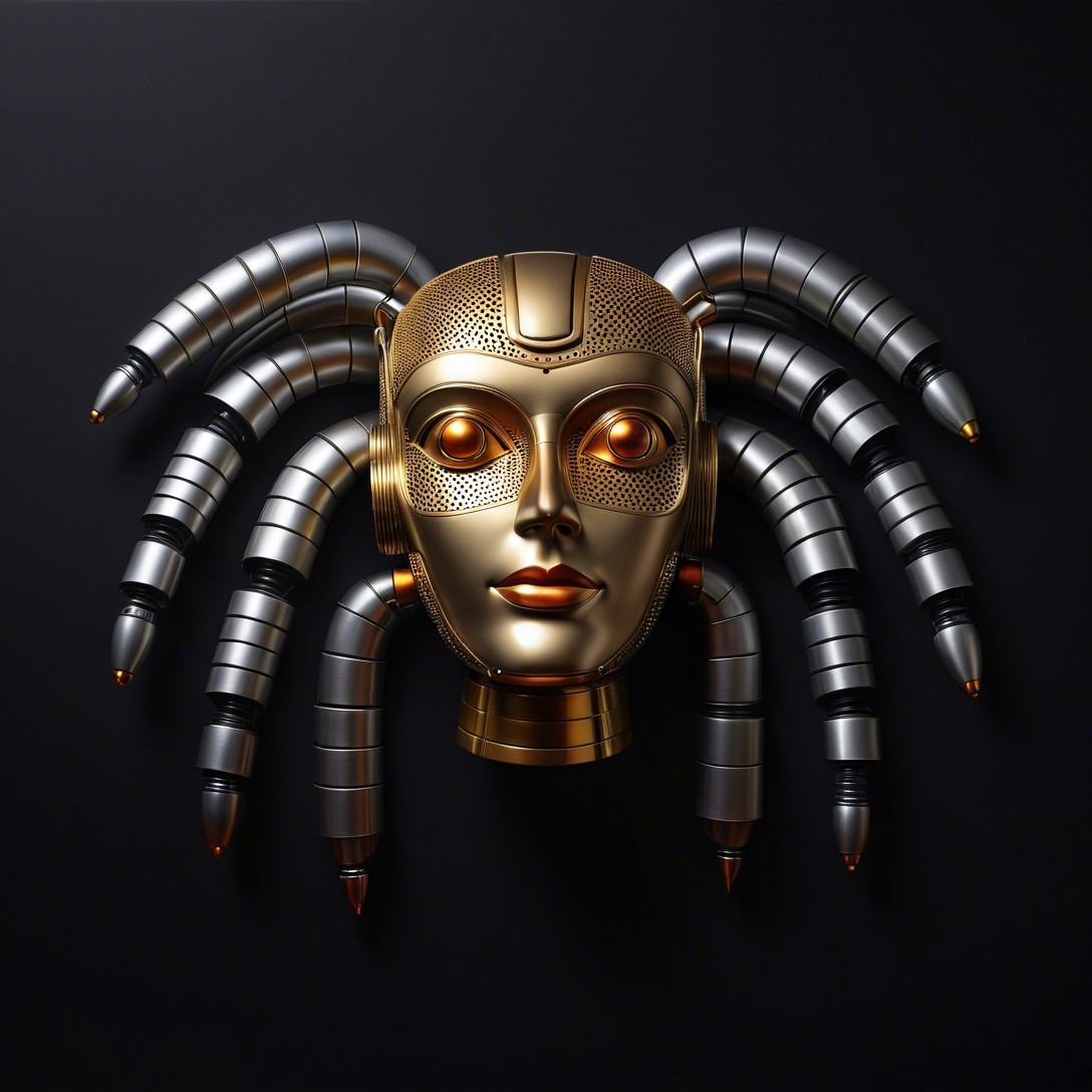 Gold and Silver Spider-Like Cyborg Face Close-Up
