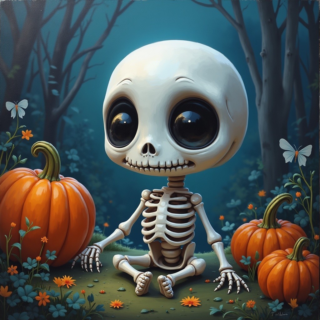 Whimsical Skeleton Character in Moonlit Pumpkin Forest