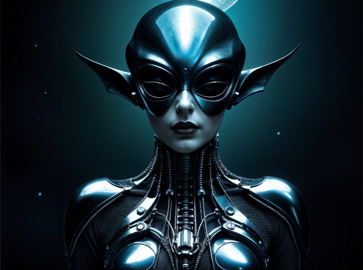 Futuristic Metallic Figure with Cosmic Background