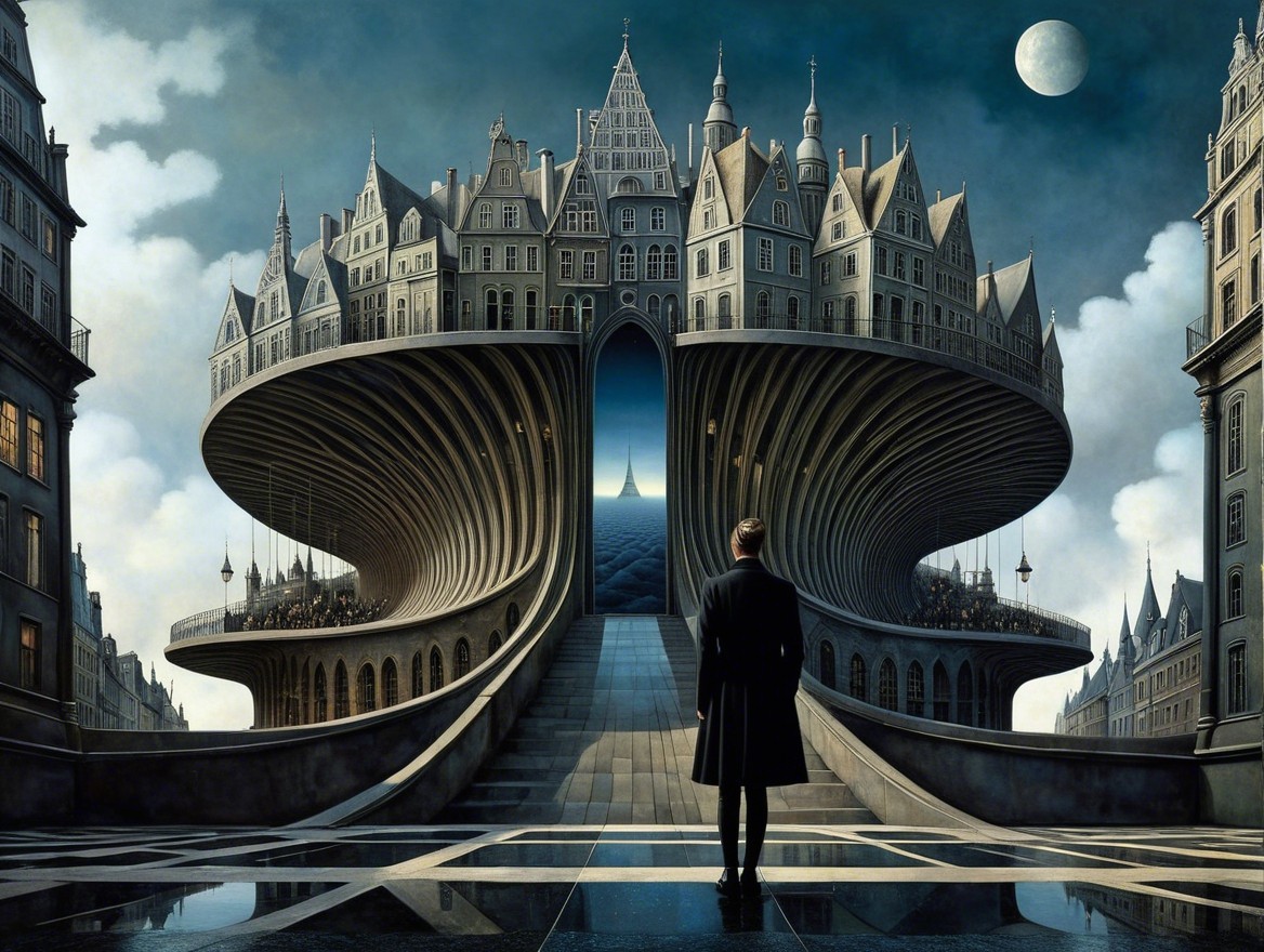 Surreal Landscape with Ornate Building and Moonlight