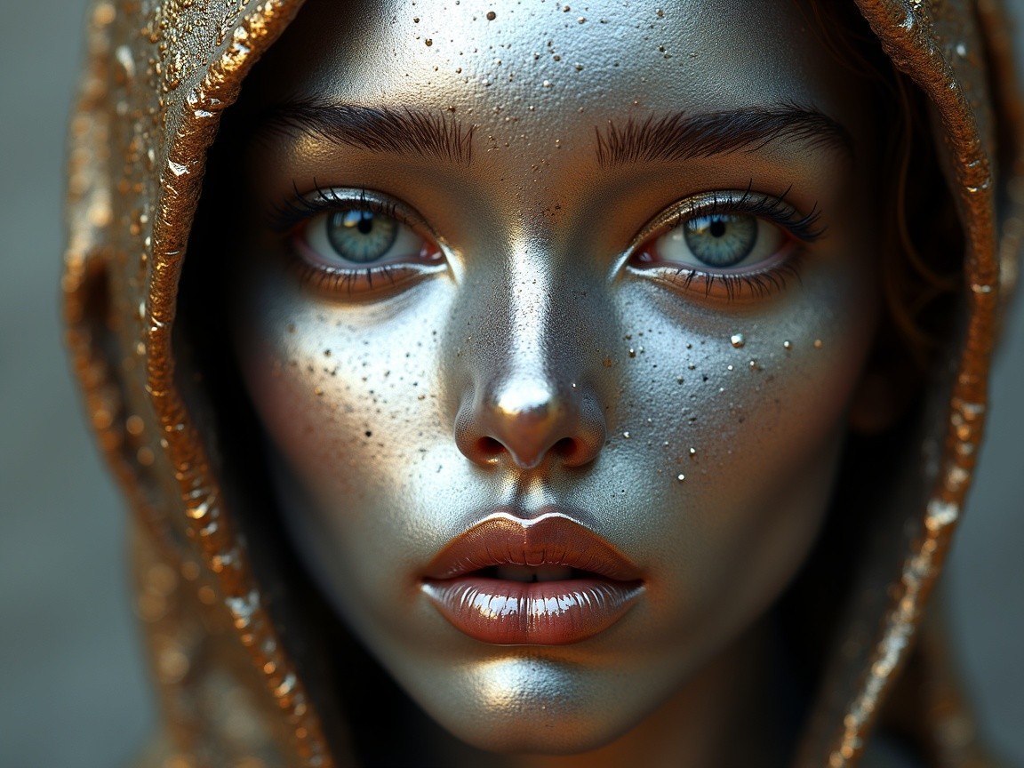 Portrait of a model with metallic skin and hood