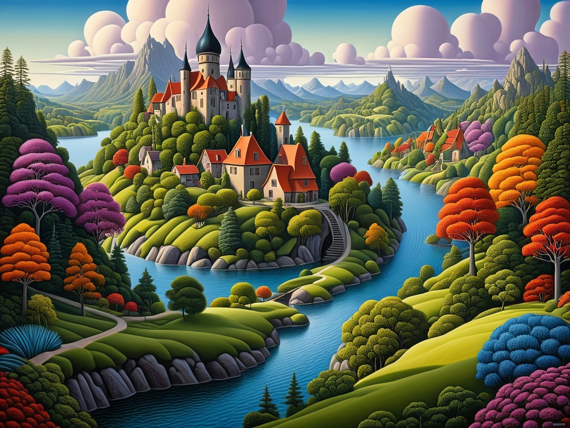 Whimsical Landscape with River and Charming Castle