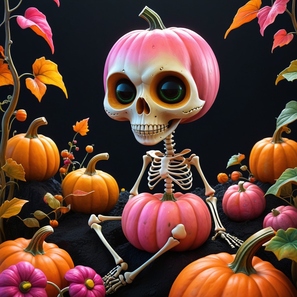 Whimsical Skeleton Surrounded by Colorful Pumpkins