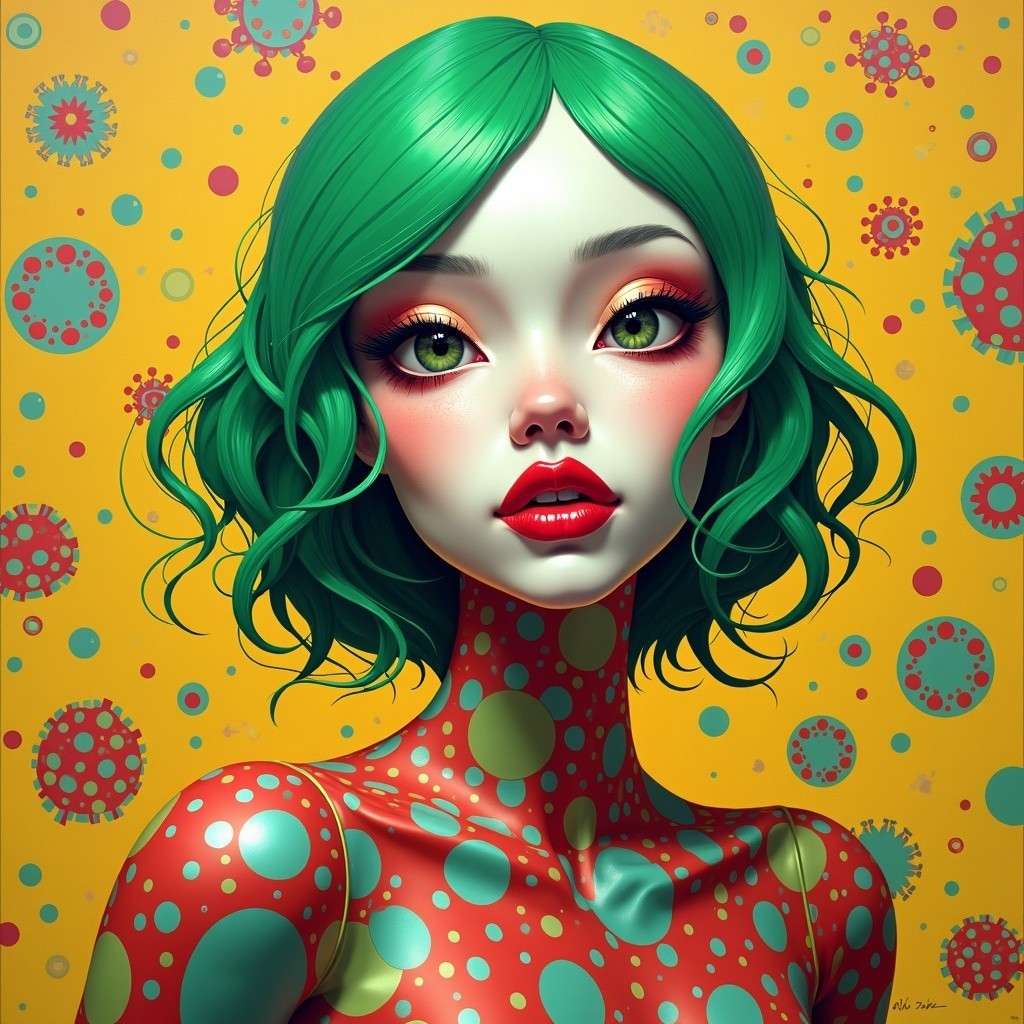 Stylized Female Figure with Colorful Motifs and Background