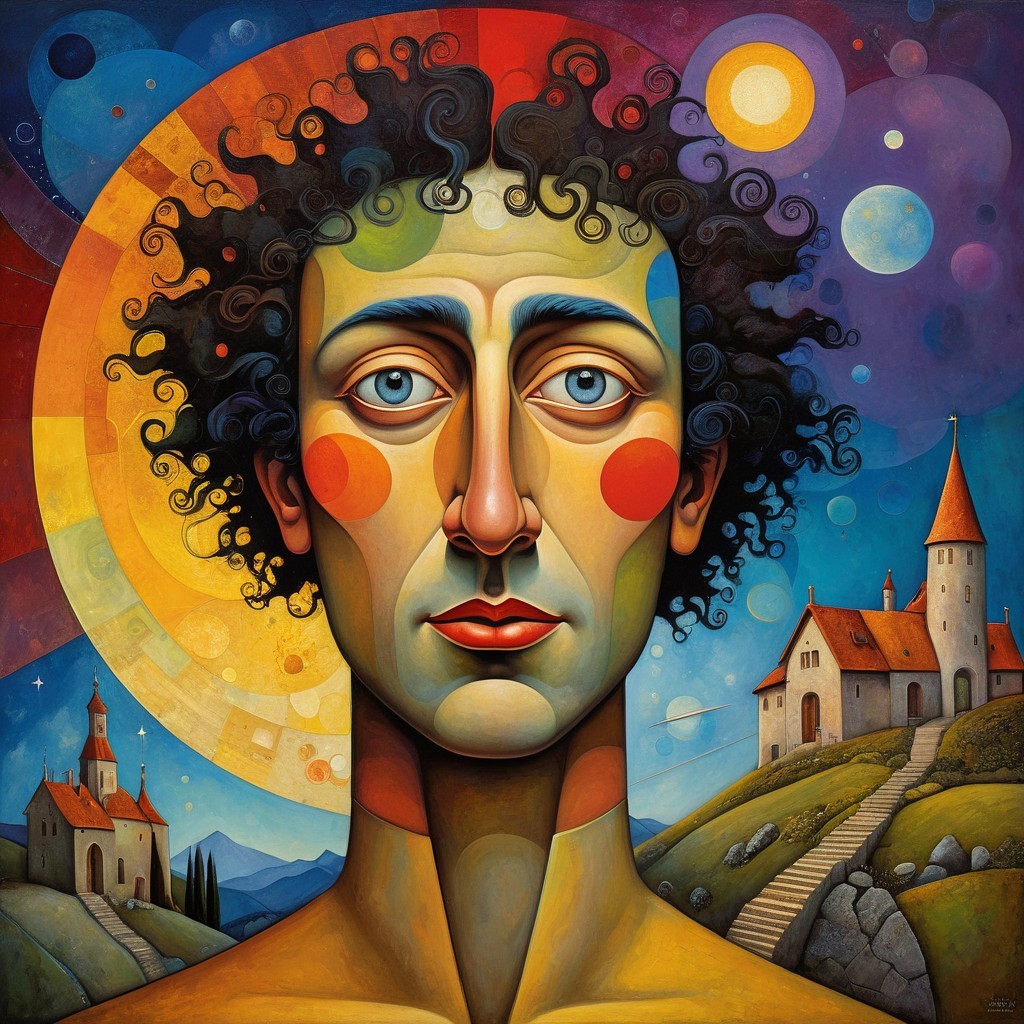 Stylized Figure in Surreal Vibrant Landscape Art
