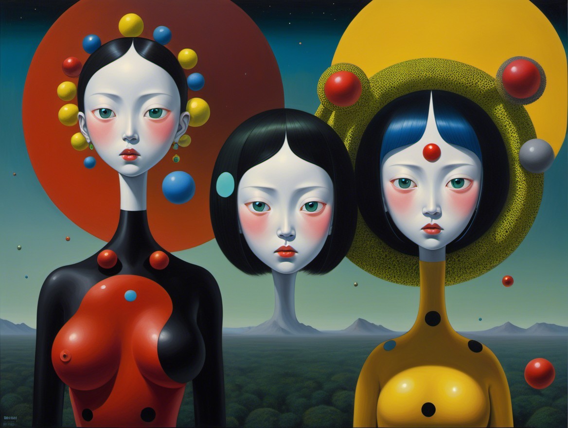 Stylized Female Figures in a Surreal Landscape