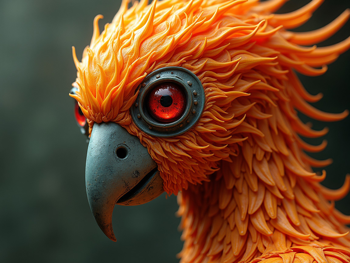 Vibrant Bird Sculpture with Flame-Like Feathers