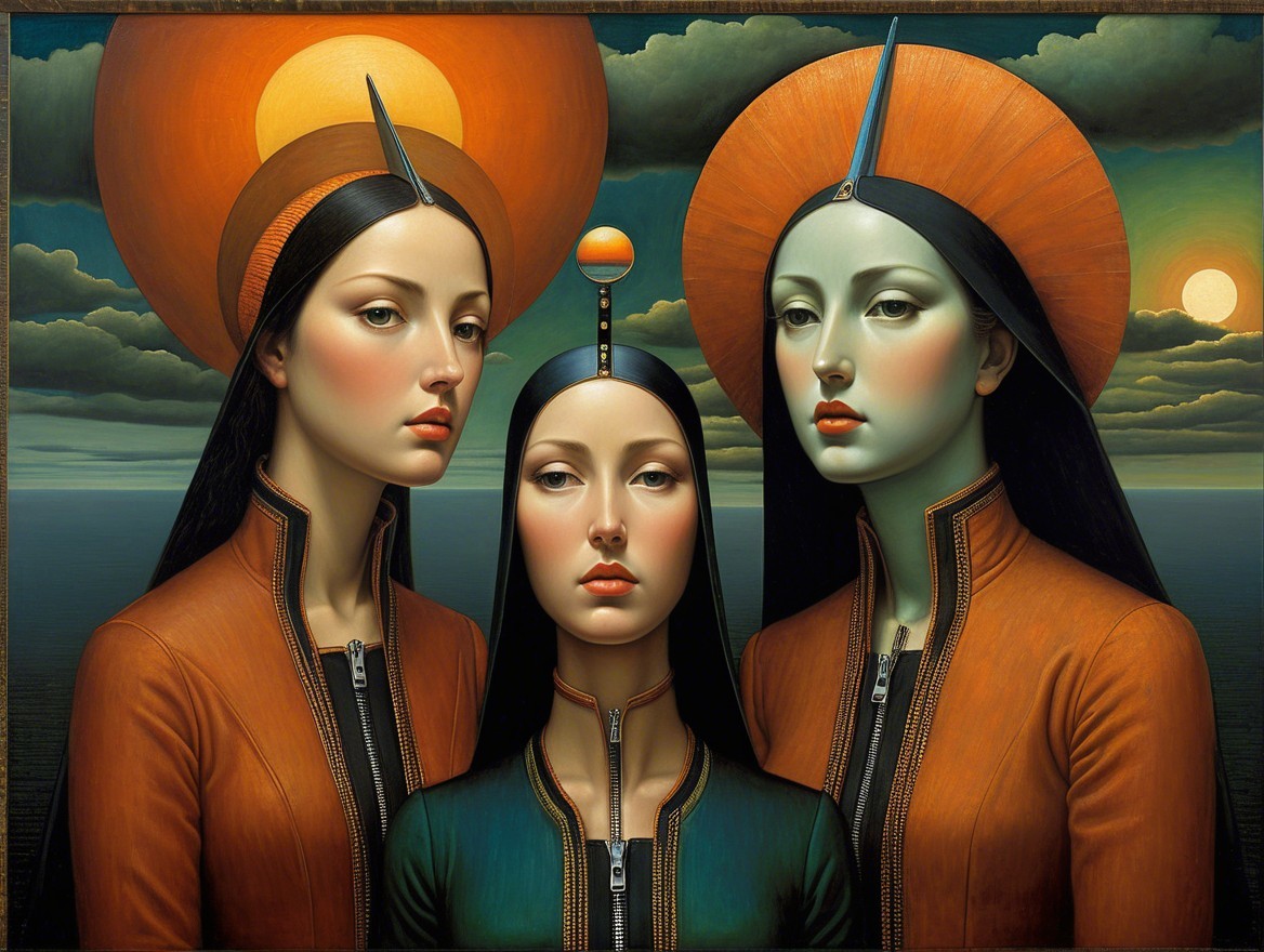 Three Women in Modern Jackets Against Sunset Sky